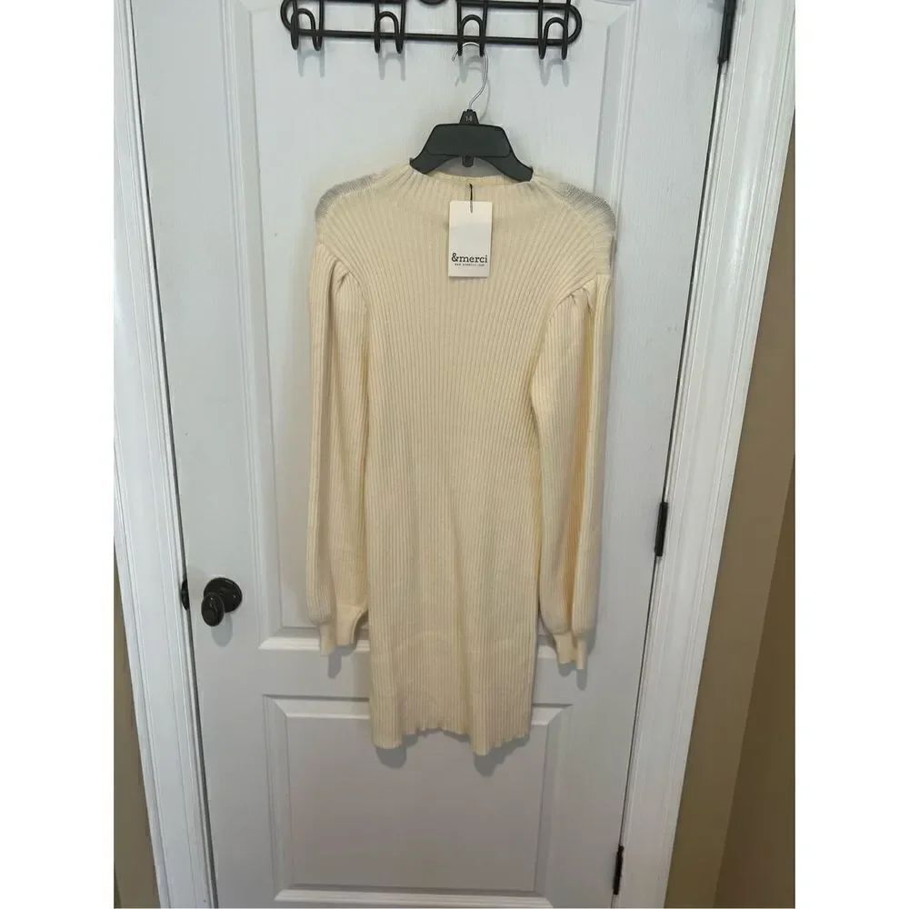 & Merci Naomi Knit Sweater Dress size L cream with puff sleeves